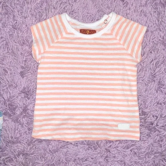 12m Seven for All Mankind Baby Girls Denim Overall Peach Stripe Shirt Outfit Set - Picture 10 of 11